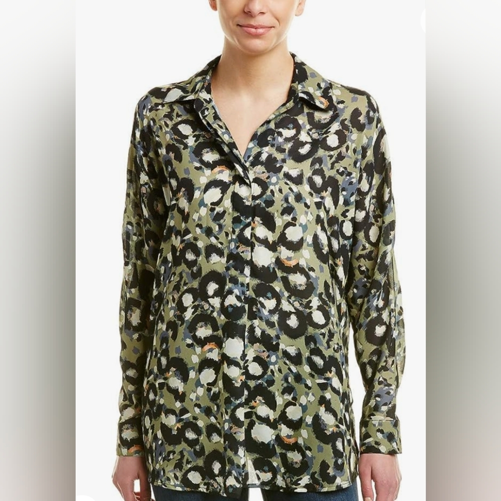 Catherine Malandrino Animal Print Button Down Shirt Pistachio Green Black Size M
